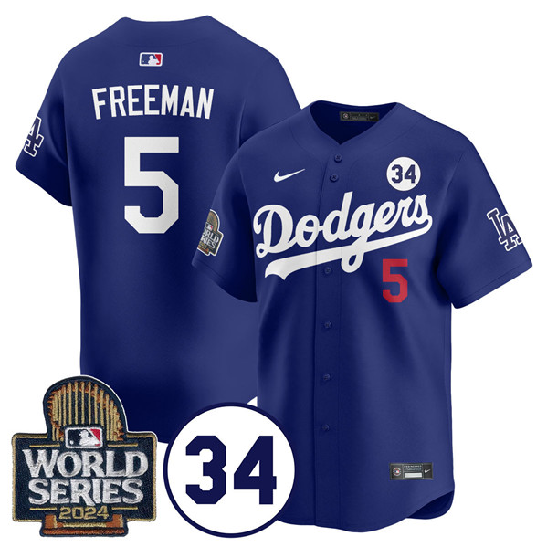 Men's Los Angeles Dodgers #5 Freddie Freeman Royal 2024 World Series With No. 34 Patch Limited Stitched Baseball Jersey Men's Los Angeles Dodgers #5 Freddie Freeman Royal 2024 World Series With No. 34 Patch Limited Stitched Baseball Jersey